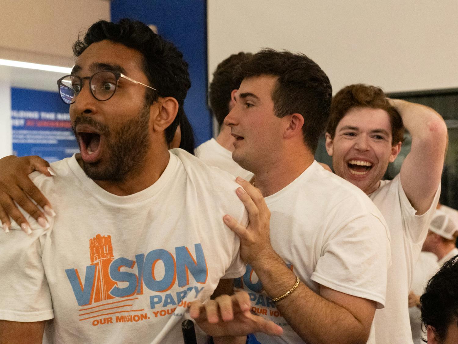 Student Body Treasurer-elect Saketh Damera reacts to a Vision Party victory in the Spring 2024 UF Student Government election at the Reitz Union on Wednesday, Feb. 28, 2024.