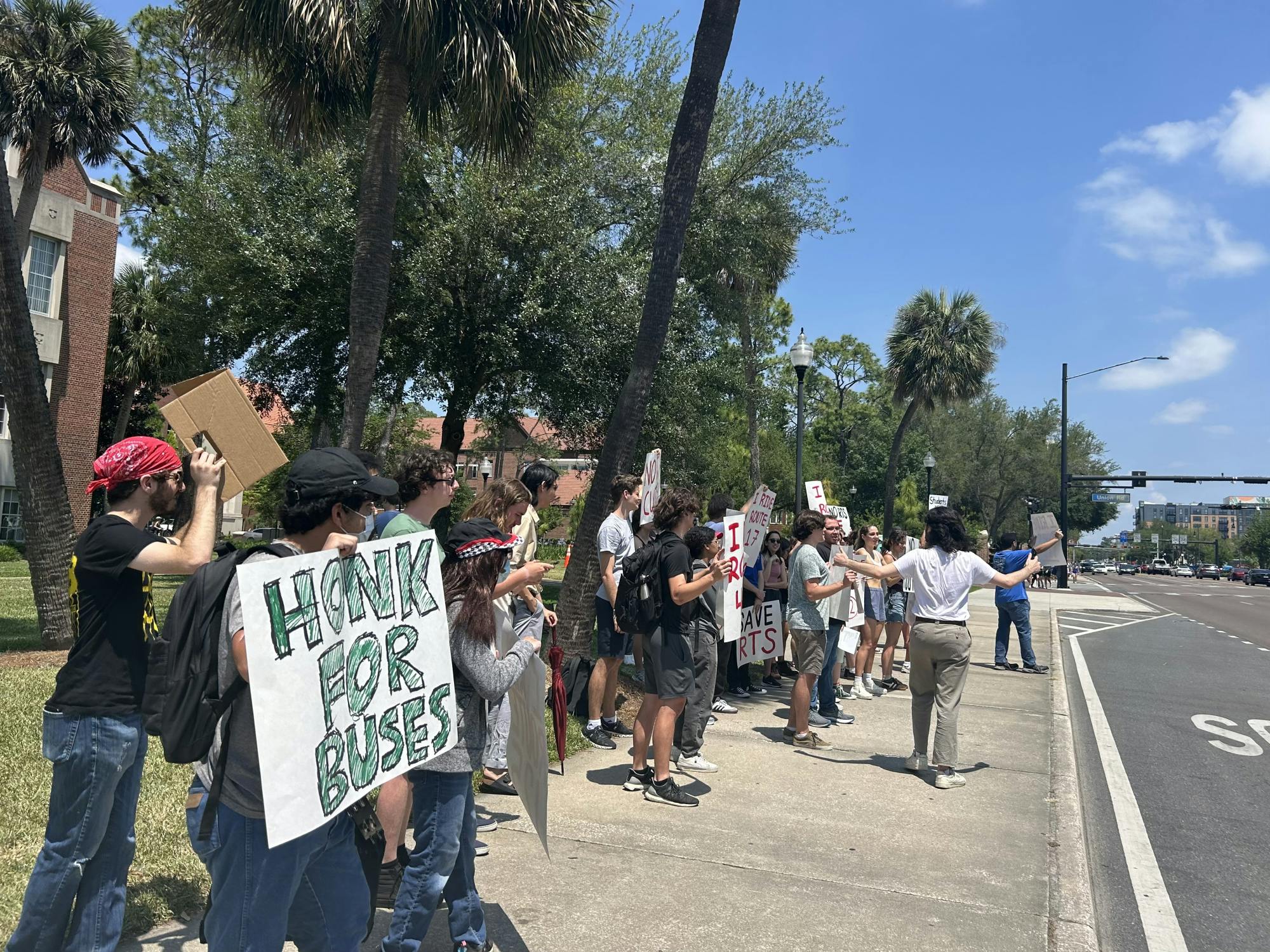 A crowd of protestors gathered in front of Tigert Hall to advocate for RTS funding on Friday, April 26, 2024.