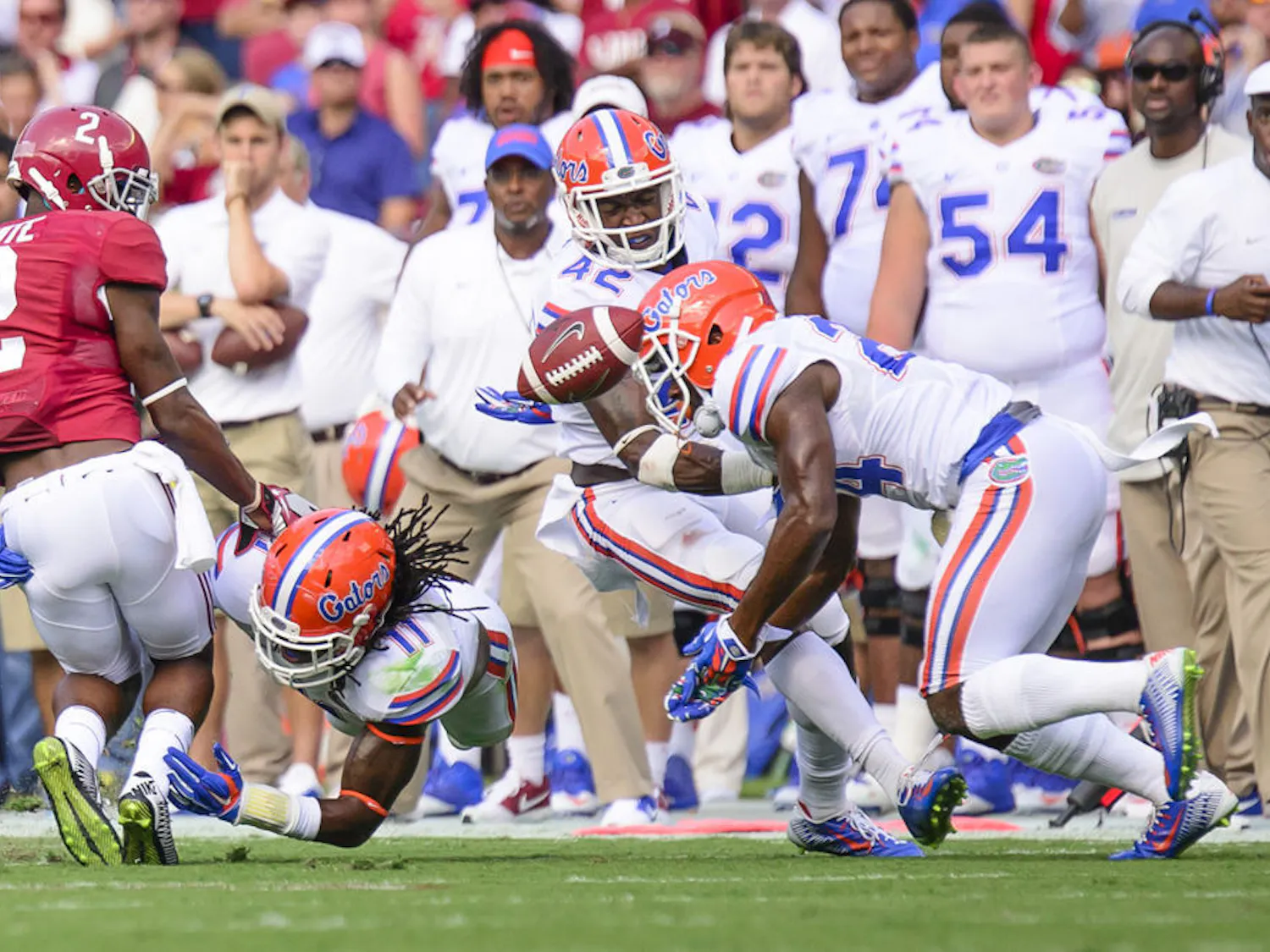 Neiron Ball tackles Alabama wide receiver DeAndrew White during the Gators' 42-21 loss to the Crimson Tide on Sept. 20.
