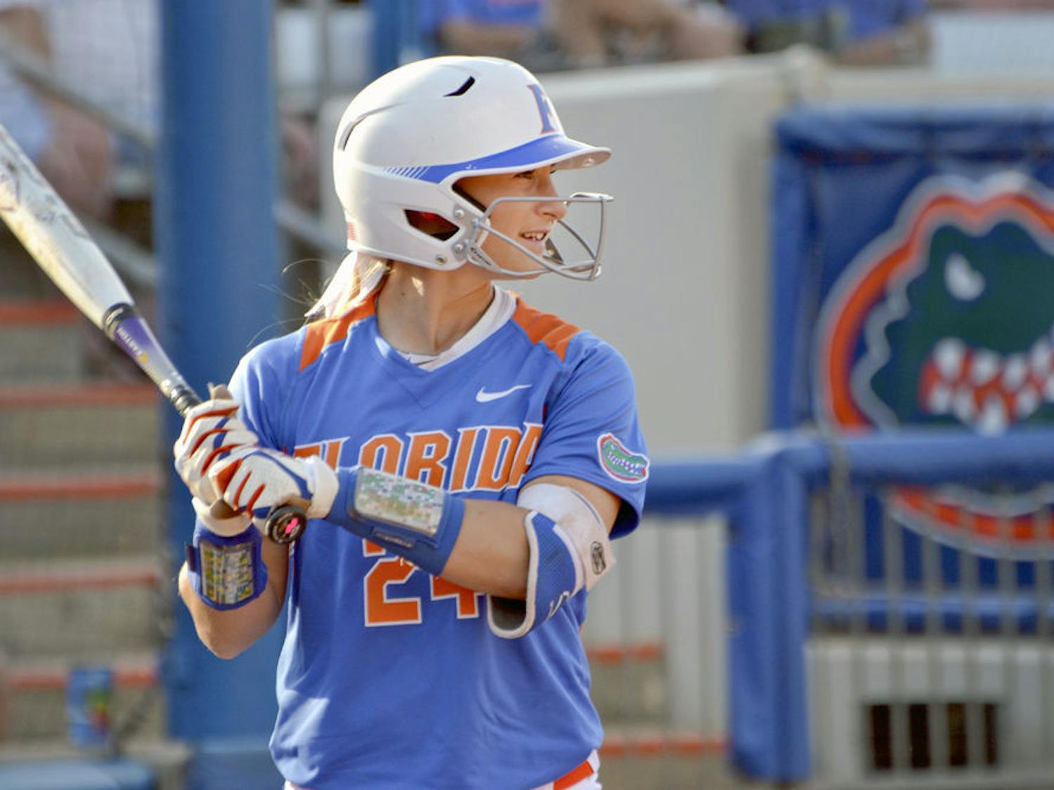 UF junior outfielder Kirsti Merritt smiles as she goes up for an at-bat during Florida's 2-1 win against North Florida on April 1, 2015, at Katie Seashole Pressly Stadium.