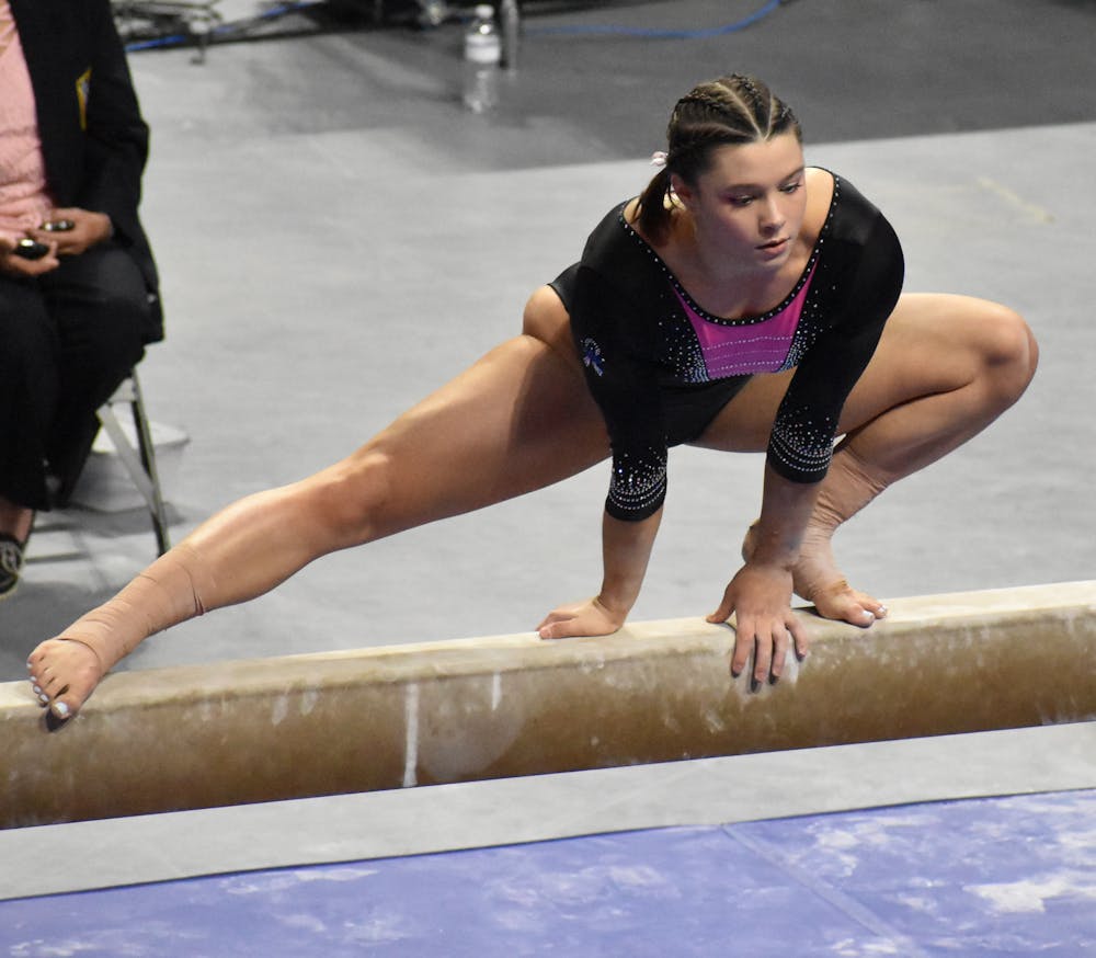 Megan Skaggs performs on the beam in a meet against Kentucky on February 19, 2021. 