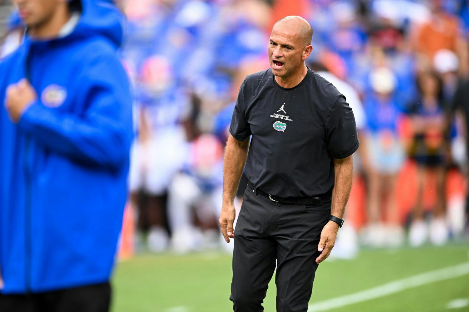 Florida Gators wide receivers coach Billy Gonzales during warmups before a football game between the Texas Longhorns and the Florida Gators on Saturday, Oct. 4th, 2025, at Ben Hill Griffin Stadium in Gainesville, Fla.