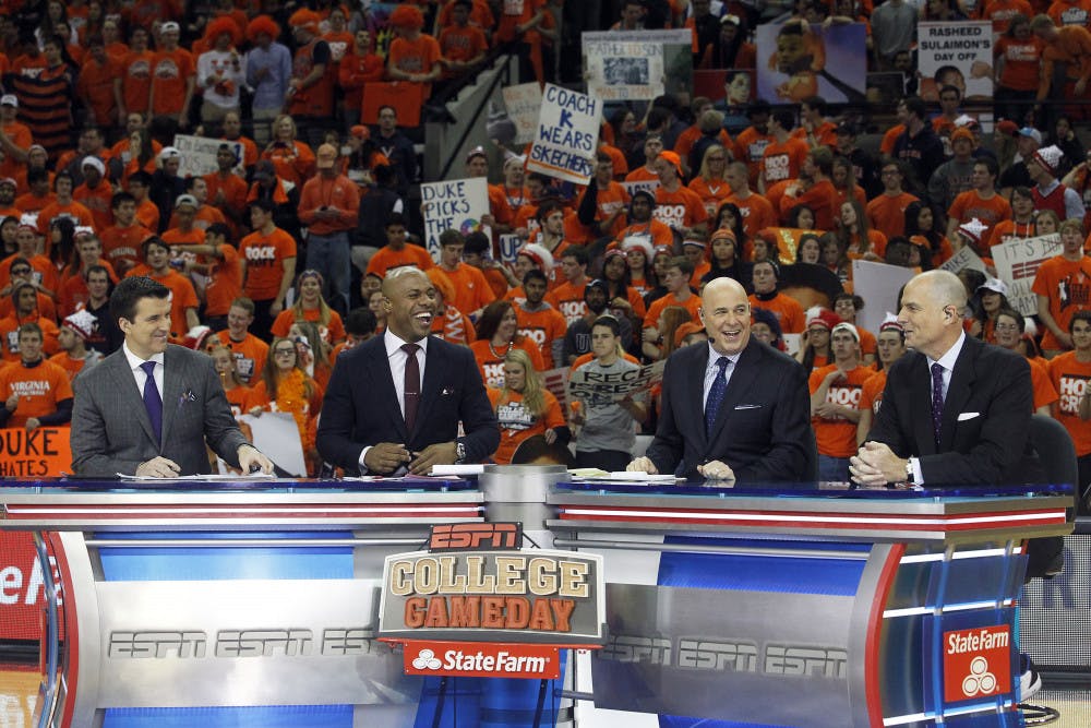 From left, Rece Davis, Jay Williams, Seth Greenberg and Jay Bilas broadcast from John Paul Jones Arena during ESPN College GameDay on Jan. 31 in Charlottesville, Virginia.