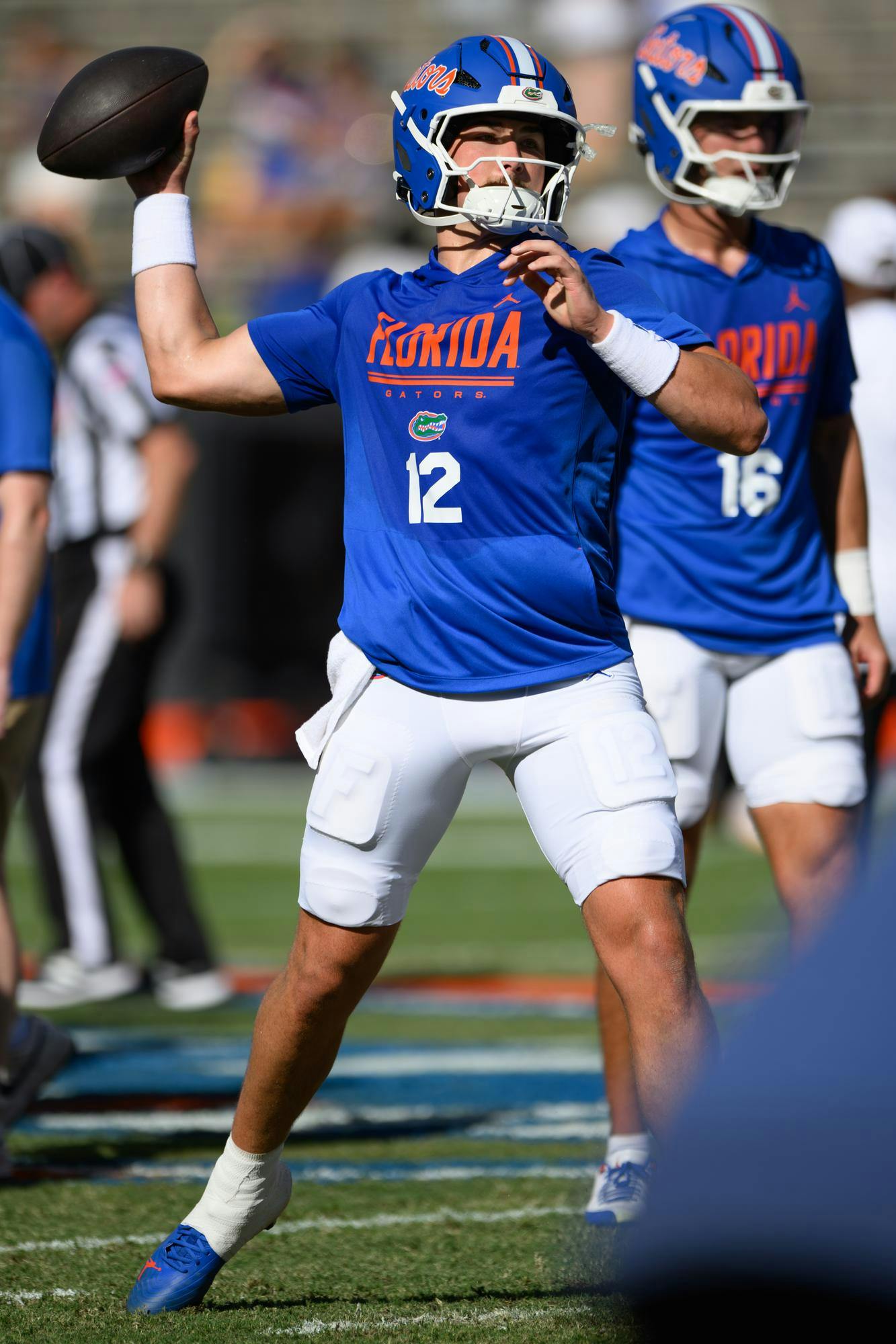 Florida quarterback Aaron Philo (12) throws during warmups before an NCAA college football game against Campbell, Saturday, Sept. 12, 2026, in Gainesville, Fla.