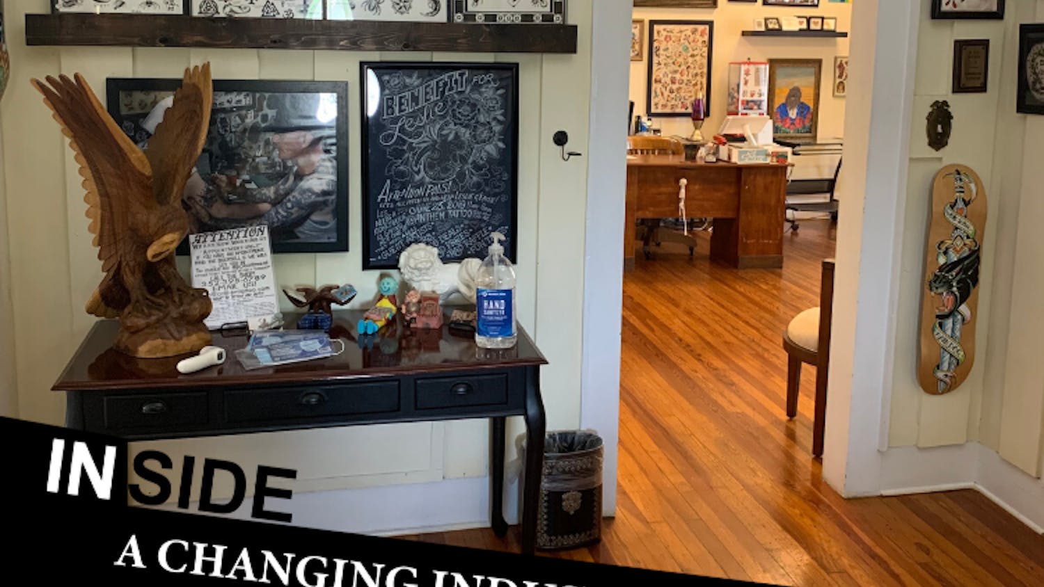 Guests at Anthem Tattoo Parlor are welcomed by a sign designating safe protocols, masks and a digital thermometer when they enter the door for their appointments.