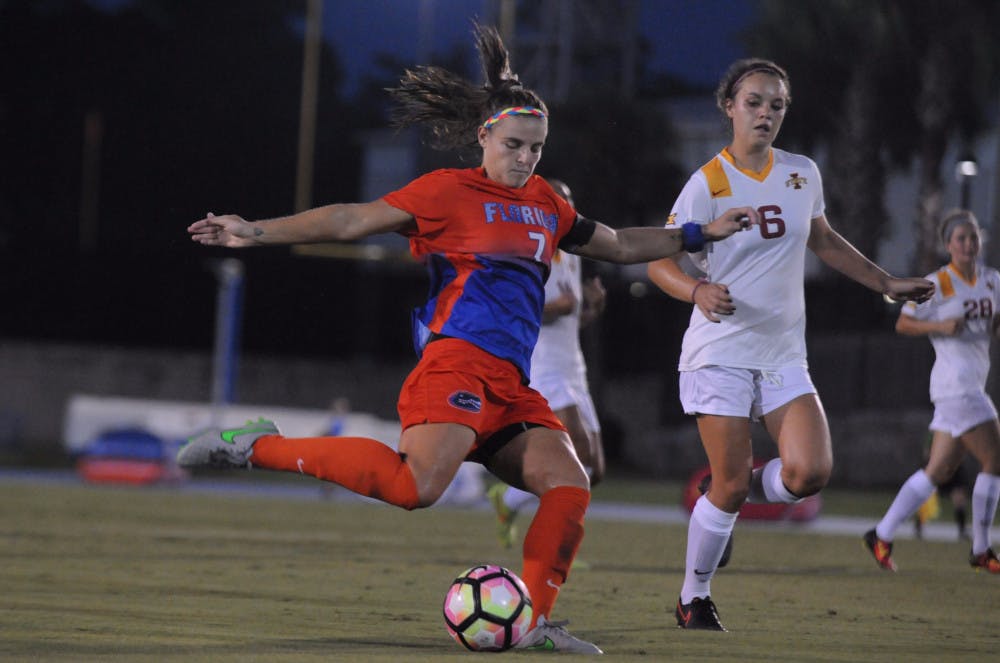 UF forward Savannah Jordan takes a shot on goal during Florida's 5-2 win against Iowa State on Aug. 19, 2016, at James G. Pressly Stadium.