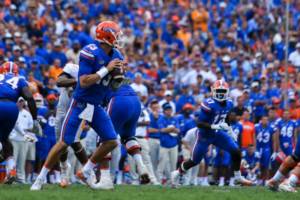 <p>UF quarterback Feleipe Franks looks to pass the ball during Florida's 26-20 win against Tennessee on Saturday at Ben Hill Griffin Stadium.</p>