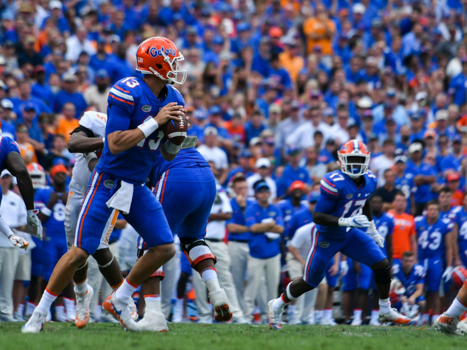 UF quarterback Feleipe Franks looks to pass the ball during Florida's 26-20 win against Tennessee on Saturday at Ben Hill Griffin Stadium.