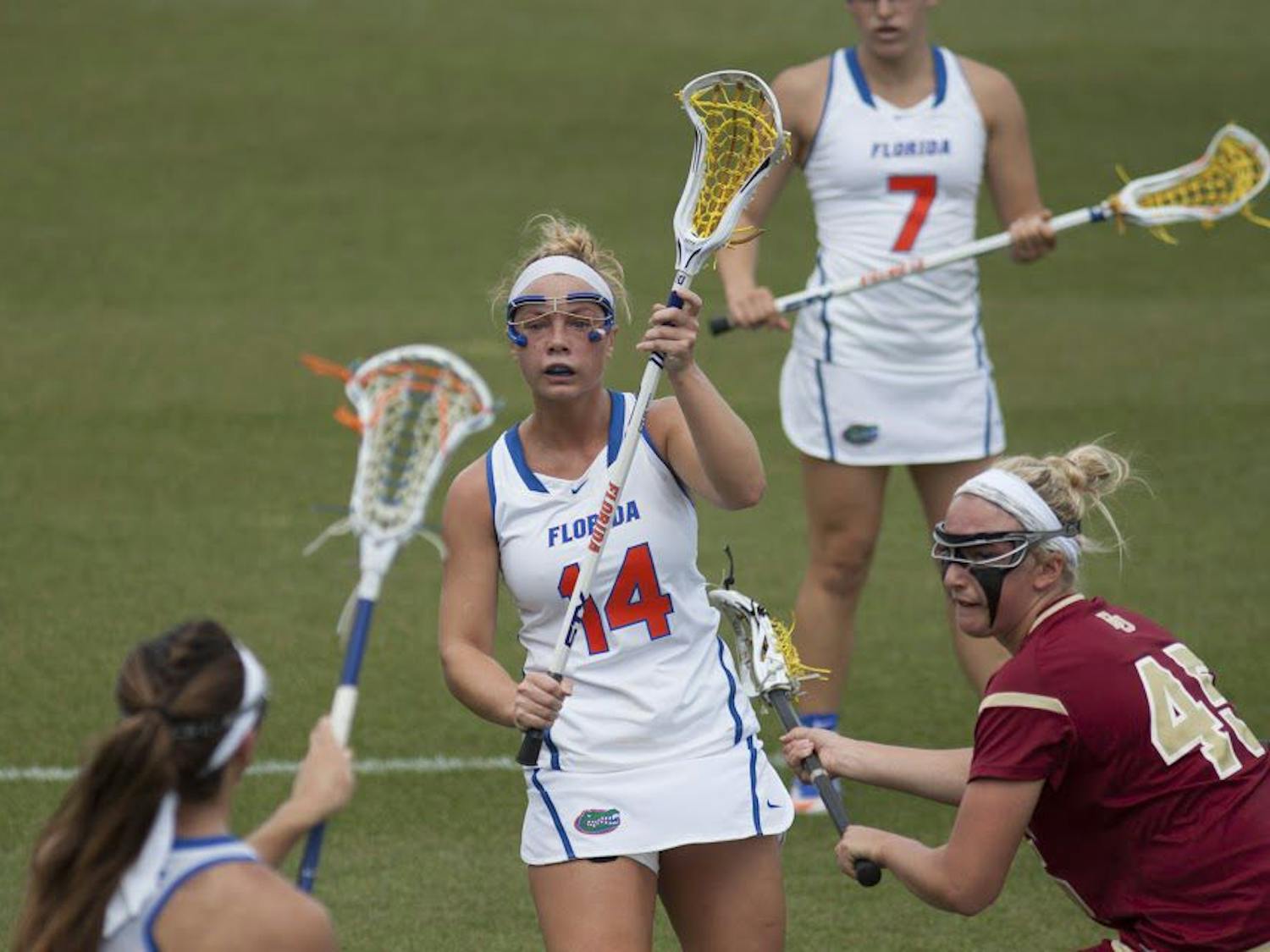 UF attacker Lindsey Ronbeck holds her stick up during Florida's 15-8 win against Denver on March 25, 2017, at Donald R. Dizney Stadium.