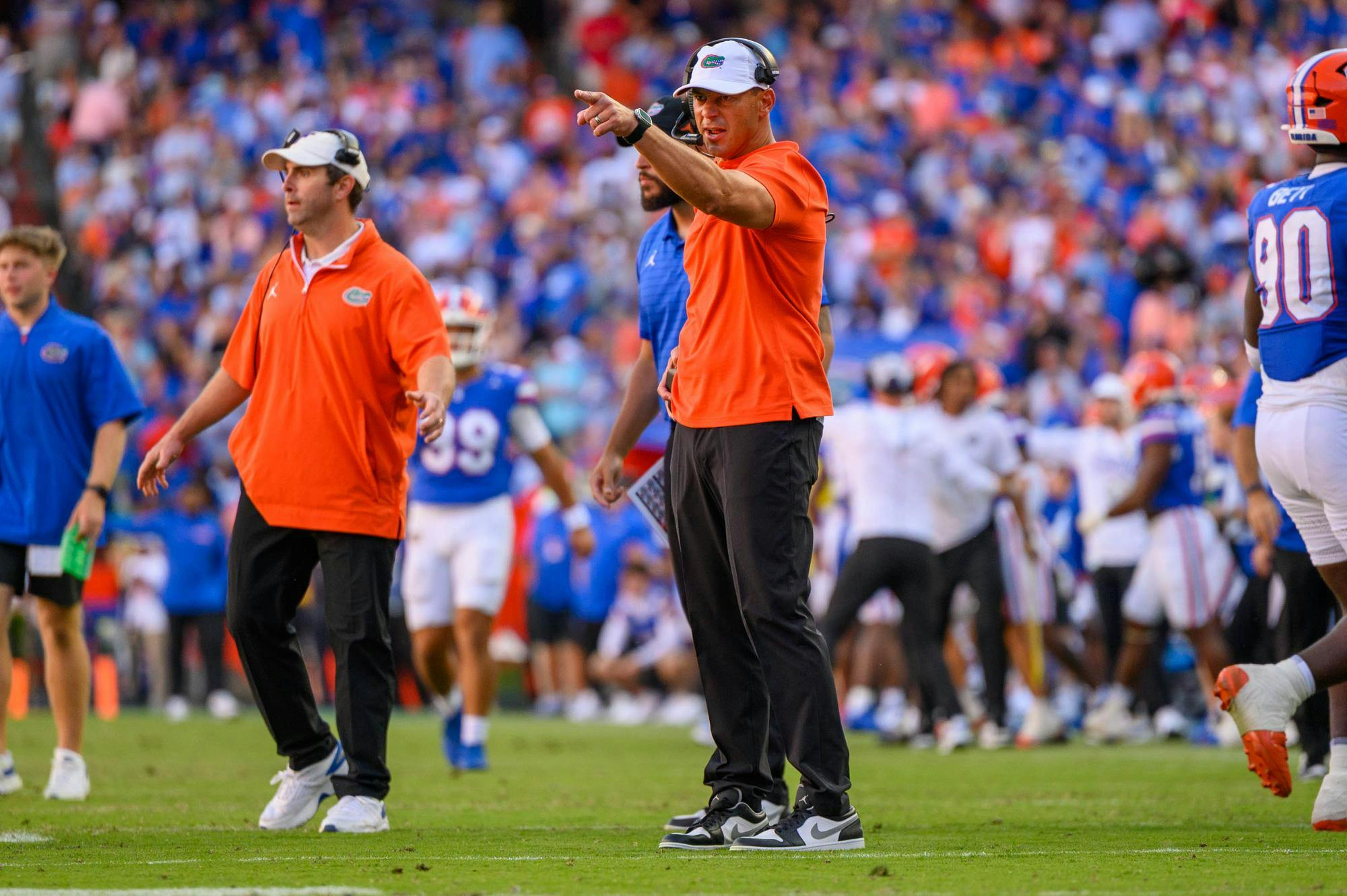 Florida head coach Jon Sumrall yells at his players during the second half of an NCAA college football game against Ole Miss, Saturday, Sept. 26, 2026, in Gainesville, Fla.