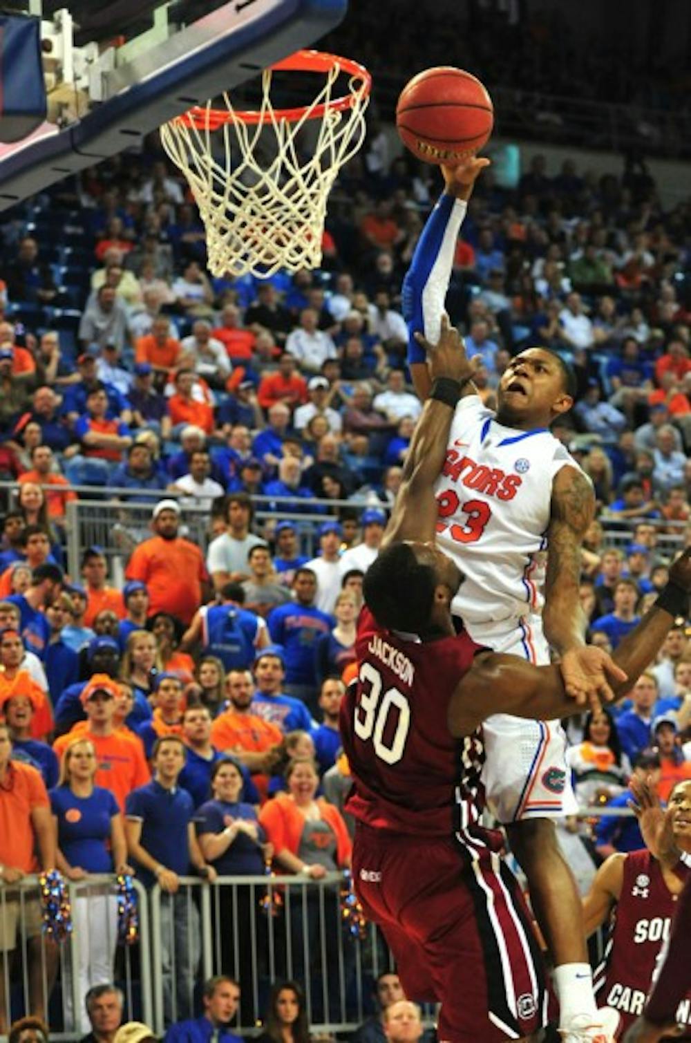 <p>Florida freshman guard Brad Beal scored 17 points and grabbed 11 rebounds Thursday in the Gators’ 74-66 win against South Carolina.</p>