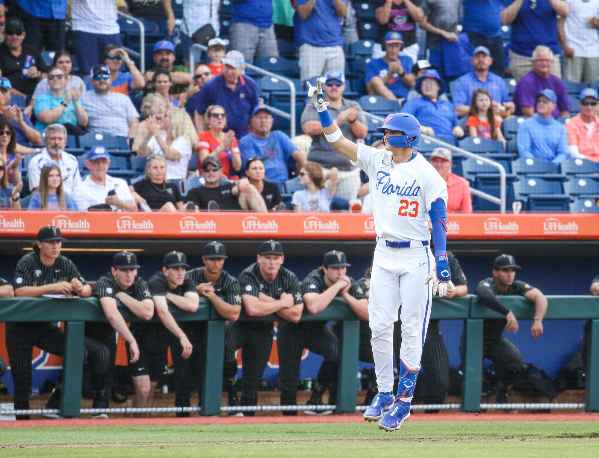Florida sophomore infielder Deric Fabian celebrates his home run during the Gators' 10-0 victory against Vanderbilt Friday, May 12, 2023. 