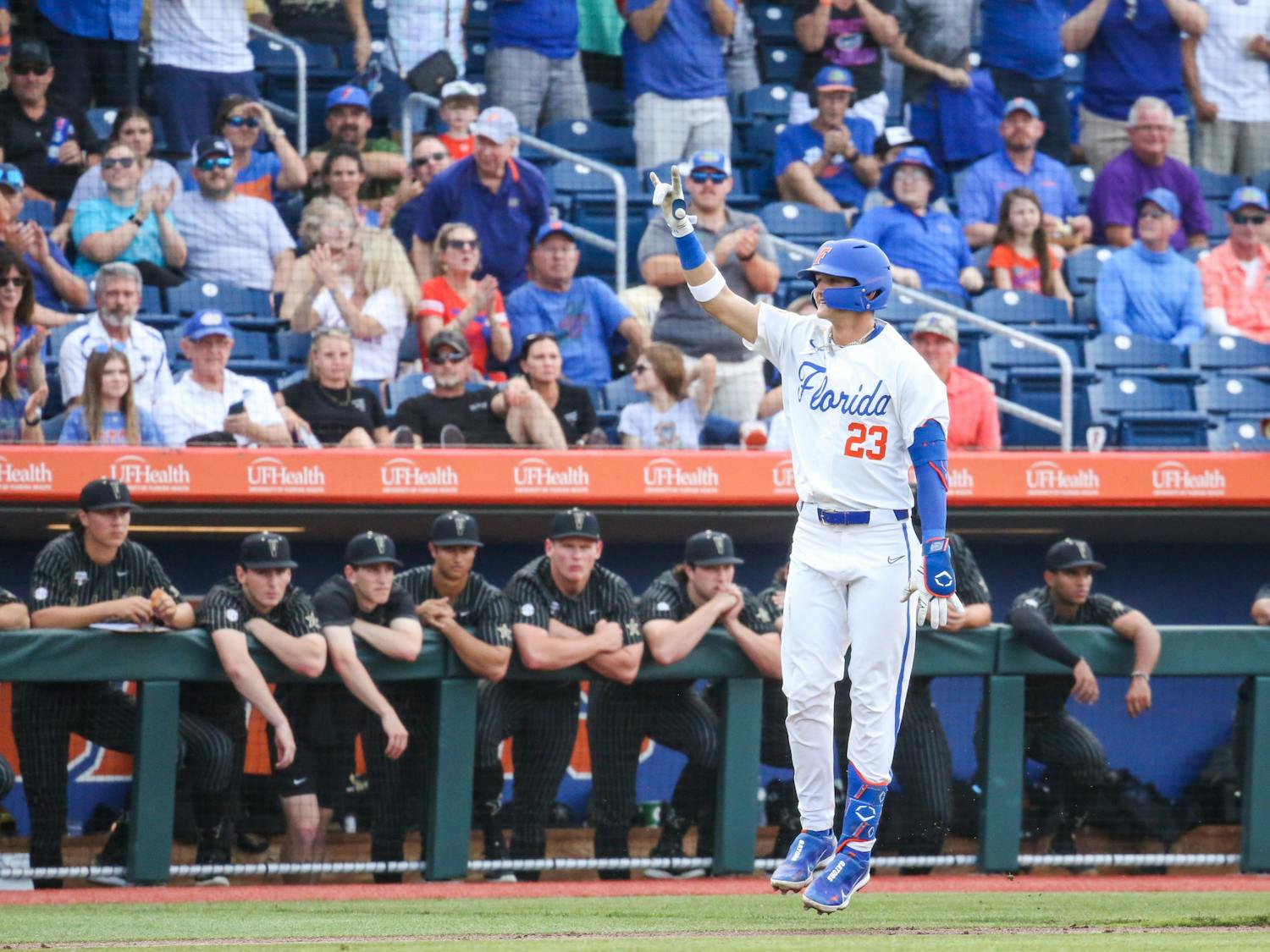 Florida sophomore infielder Deric Fabian celebrates his home run during the Gators' 10-0 victory against Vanderbilt Friday, May 12, 2023.