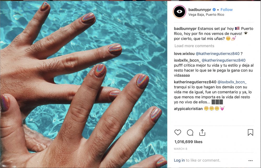 <p>Bad Bunny, a Puerto Rican trap artist, shows off his painted nails on his Instagram. </p>