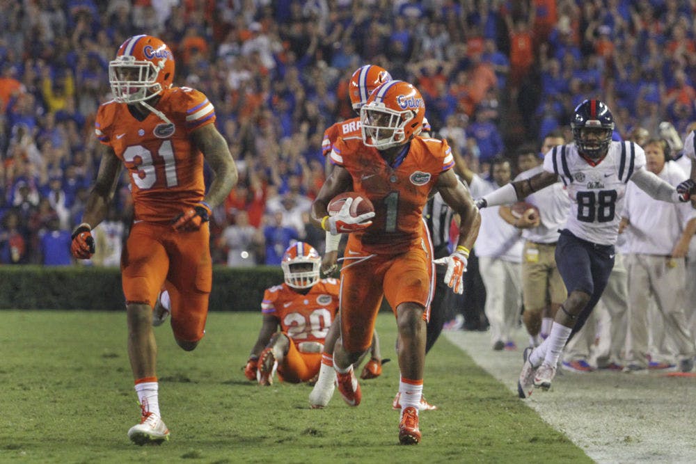 <p>Vernon Hargreaves III returns an interception 36 yards during Florida's 38-10 win against Ole Miss on Oct. 3, 2015, at Ben Hill Griffin Stadium.</p>