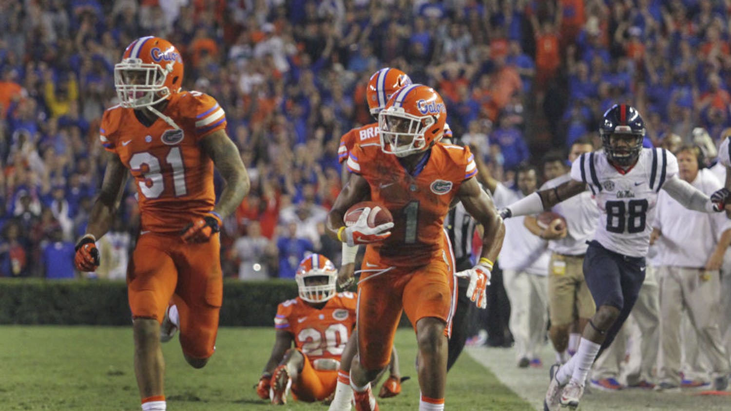Vernon Hargreaves III returns an interception 36 yards during Florida's 38-10 win against Ole Miss on Oct. 3, 2015, at Ben Hill Griffin Stadium.