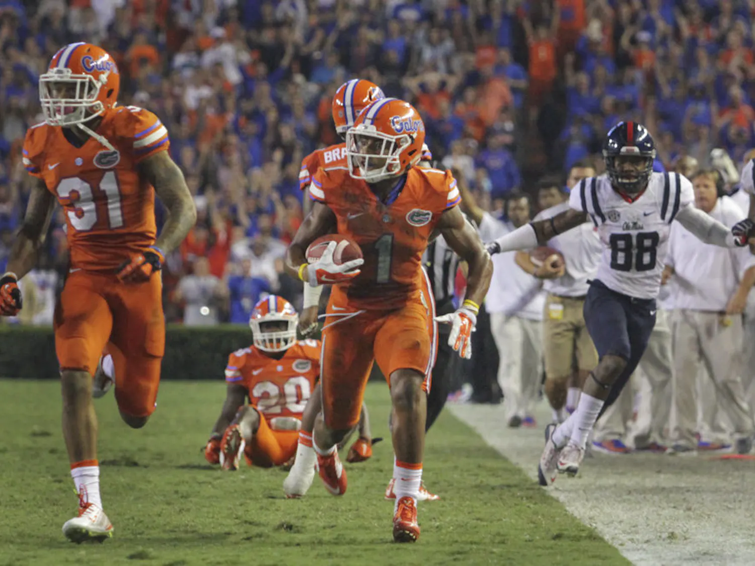 Vernon Hargreaves III returns an interception 36 yards during Florida's 38-10 win against Ole Miss on Oct. 3, 2015, at Ben Hill Griffin Stadium.
