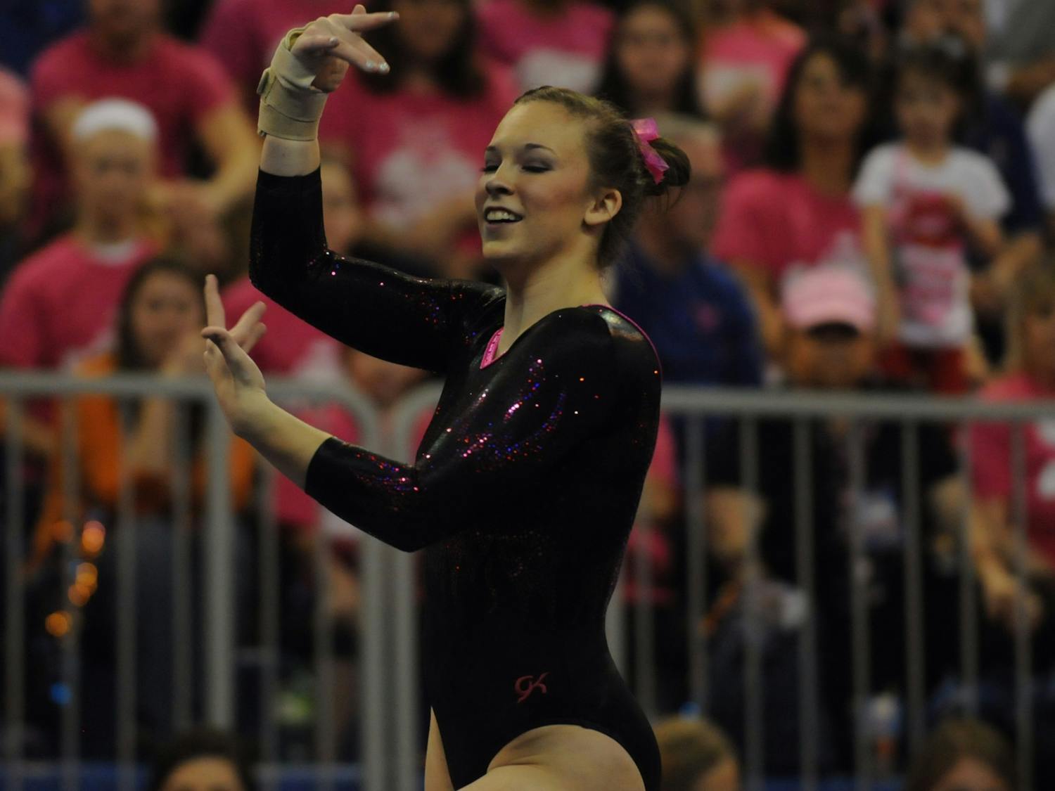 Ericha Fassbender performs her floor routine during Florida's win against Arkansas on Feb. 12, 2016, in the O'Connell Center.