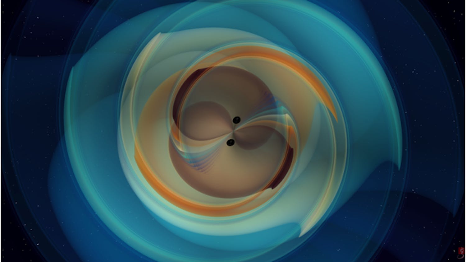 A still image from a numerical simulation of two black holes that inspiral and merge, emitting gravitational waves. (Credit: N. Fischer, H. Pfeiffer, A. Buonanno (Max Planck Institute for Gravitational Physics), Simulating eXtreme Spacetimes (SXS) Collaboration)