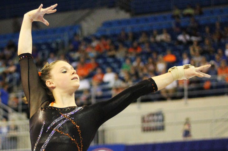 Florida all-around gymnast Bridgette Caquatto performs her floor routine where she scored a 9.650 during Florida’s win against Kentucky on Friday in the O’Connell Center.