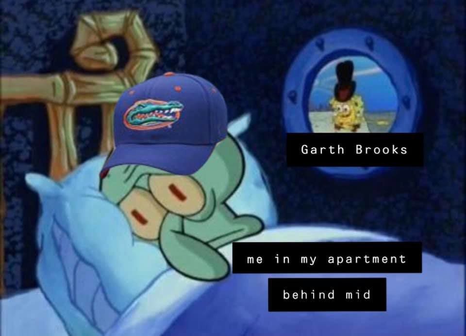 Shannon Moriarty, a 20-year-old UF art history junior, created a SpongeBob SquarePants meme after hearing loud noise from the Garth Brooks concert and soundcheck. She posted it on the Swampy memes for top 10 public teens Facebook group page.