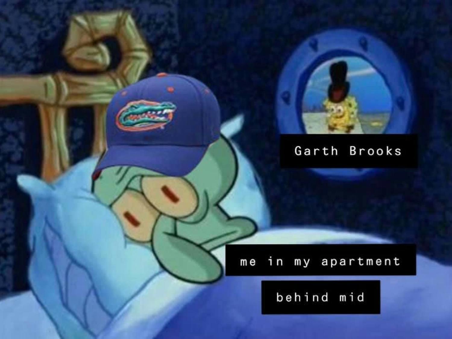 Shannon Moriarty, a 20-year-old UF art history junior, created a SpongeBob SquarePants meme after hearing loud noise from the Garth Brooks concert and soundcheck. She posted it on the Swampy memes for top 10 public teens Facebook group page.