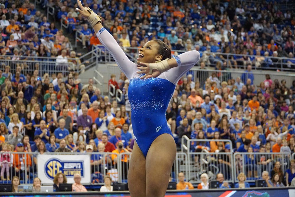 <p>UF’s Kennedy Baker performs her floor routine during Florida’s win against UCLA on Jan. 15, 2016, in the O’Connell Center.</p>