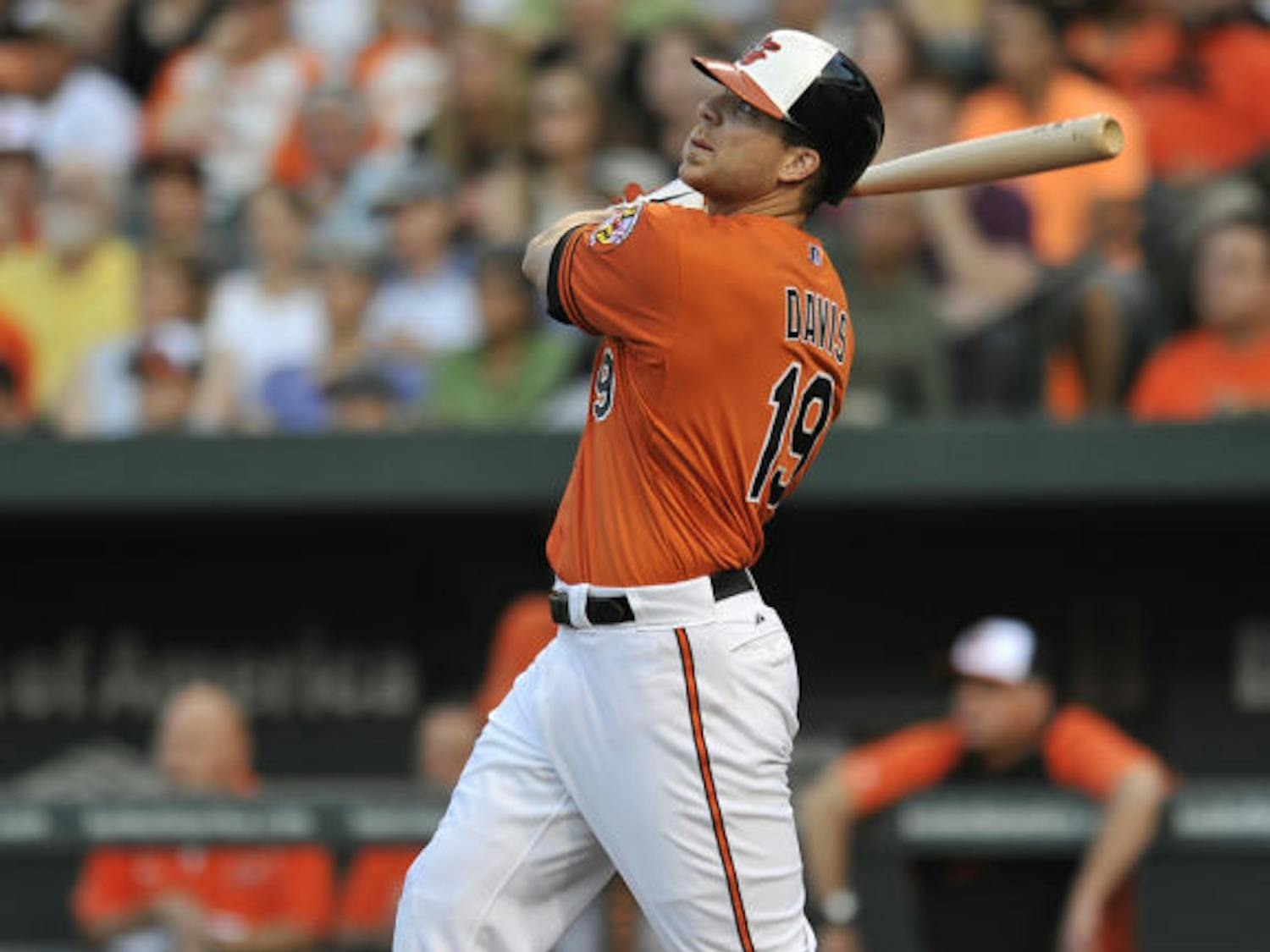 Baltimore’s Chris Davis follows through on a three-run home run against the New York Yankees on June 29 in Baltimore. Davis is the American League’s starting first baseman.