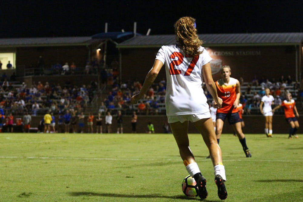 <p>Mayra Pelayo runs with the ball during Florida's 2-1 win against Syracuse on August 27, 2017, at Donald R. Dizney Stadium.</p>