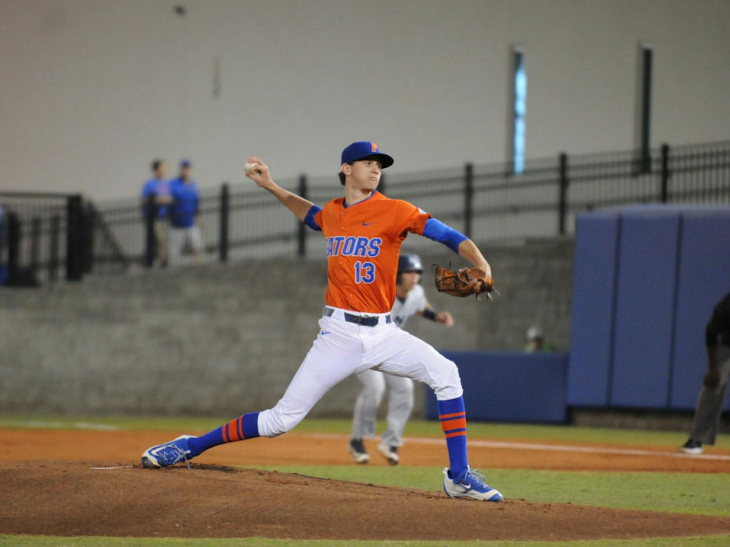 Jackson Kowar pitches during Florida's 5-4 win over North Florida on March 9, 2016, at McKethan Stadium.