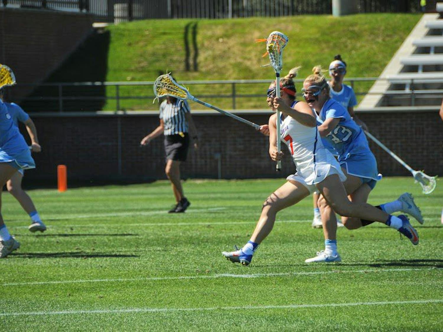 UF attacker Shayna Pirreca runs with the ball during Florida's 13-10 loss to North Carolina on Feb. 11, 2017, at Donald R. Dizney Stadium. 