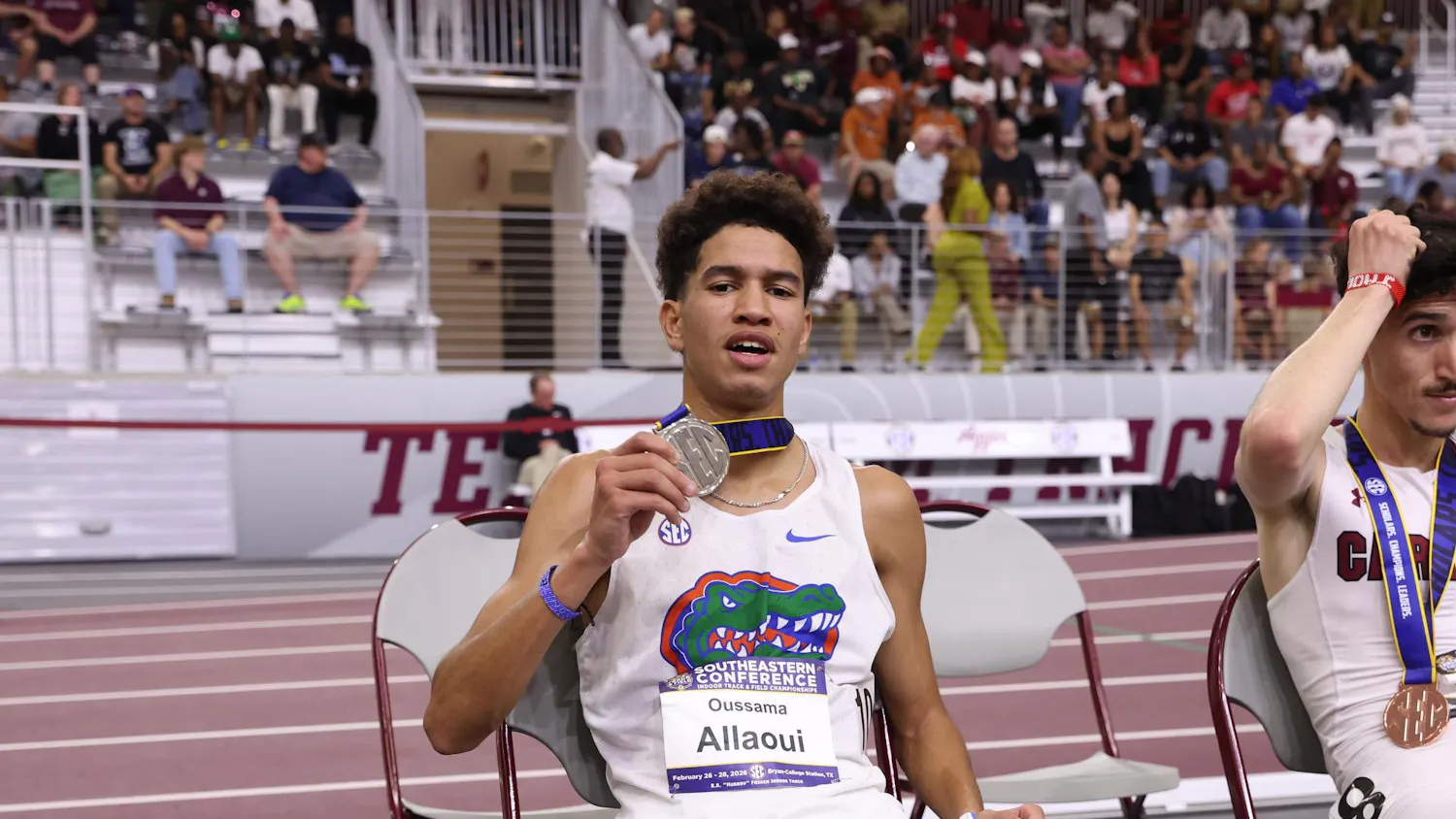 Oussama Allaoui holds his medal during the 2026 SEC Indoor Track & Field Championship on Saturday, February 28, 2026 at RA "Murrary" Fasken '38 Indoor Track & Field at Texas A&M University in College Station, Texas / UAA Communications photo by Dylan Cannella