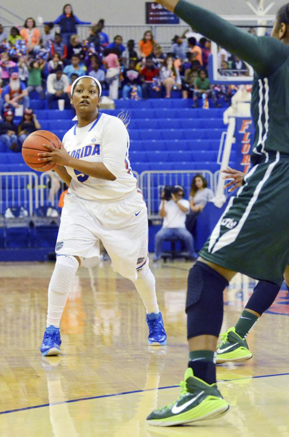 <p>Antoinette Bannister looks to pass the ball during Florida's 84-73 win against Jacksonville in the O'Connell Center.</p>
