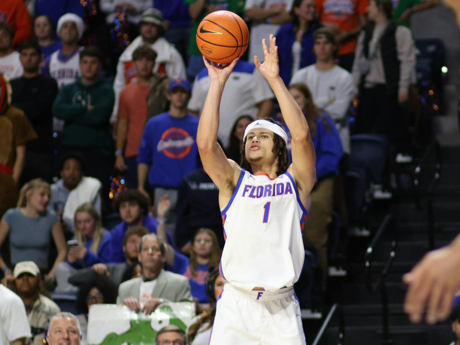 Florida guard Walter Clayton Jr. fires a jump shot in the Gators' 77-57 home win over the Merrimack Warriors on Tuesday, Dec. 5, 2023. 