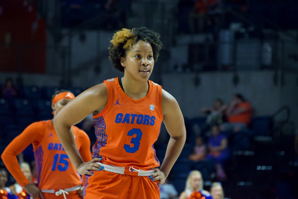 Florida guard KK Deans stands on the court during the Gators' 61-54 win over the Texas A&M Aggies Thursday, Feb. 2, 2023.