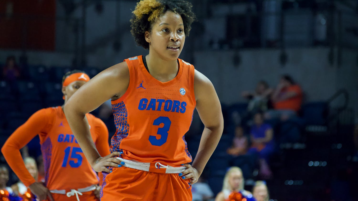 Florida guard KK Deans stands on the court during the Gators' 61-54 win over the Texas A&M Aggies Thursday, Feb. 2, 2023.