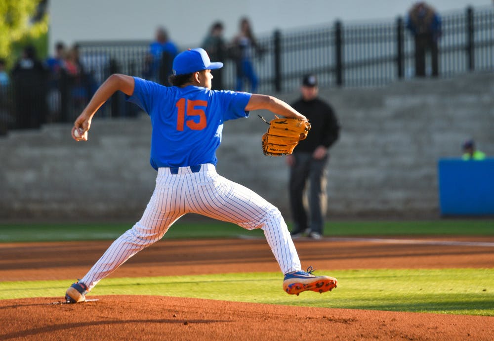Florida pitcher Jordan Butler relieved Tommy Mace in the sixth inning, walking two batters and hitting another with a pitch before he was pulled. 
