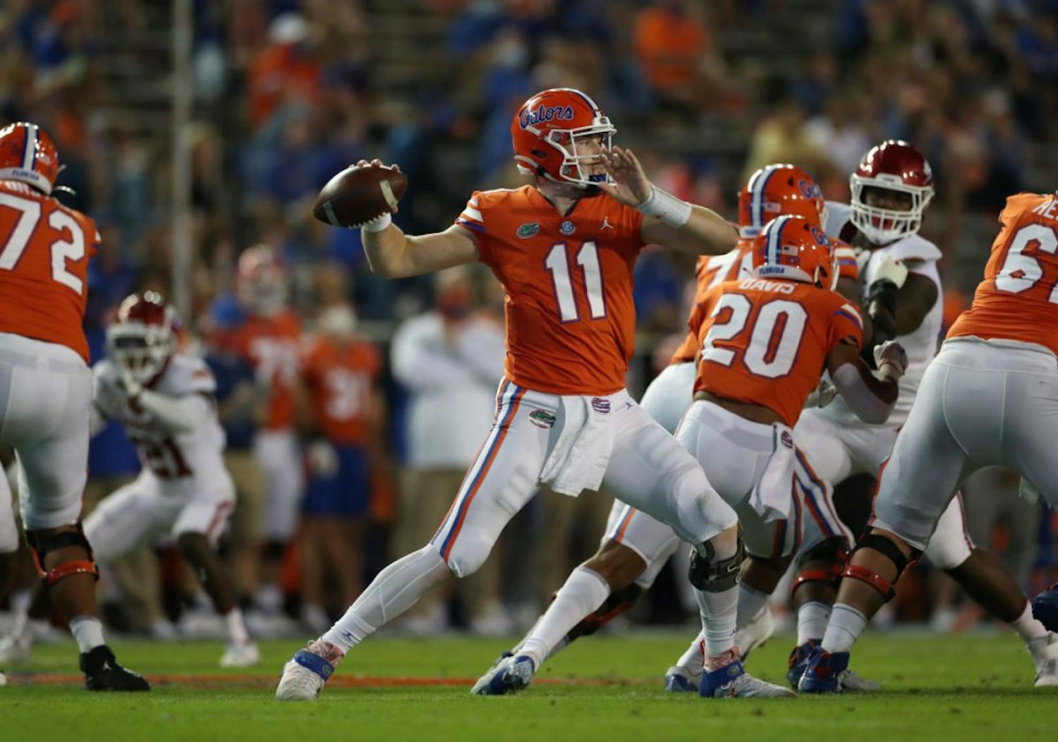 Gators quarterback Kyle Trask winds up to throw the football during Florida’s game versus Arkansas at Ben Hill Griffin Stadium on Nov. 14. After Saturday night’s performance, many media members and Gators fans see Trask as the frontrunner for the 2020 Heisman Trophy award.