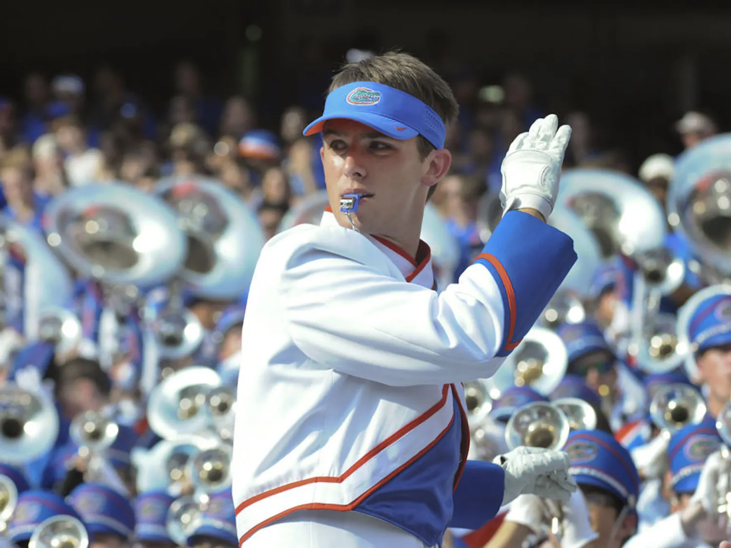 Ben Judkins conducts the Gator Band during UF’s 38-10 win against Ole Miss on Oct. 3, 2015, at Ben Hill Griffin Stadium. The drum major has directed the 350-student band, along with two other drum majors, for two years.