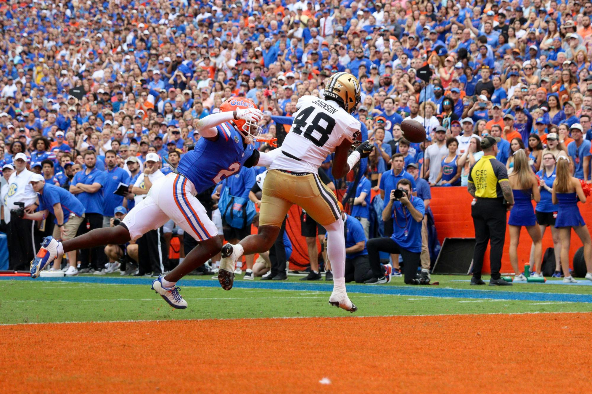 Freshman cornerback Ja’Keem Jackson defends a pass in the Gators’ 38-14 win against the Vanderbilt Commodores on Saturday, Oct. 7, 2023. 
