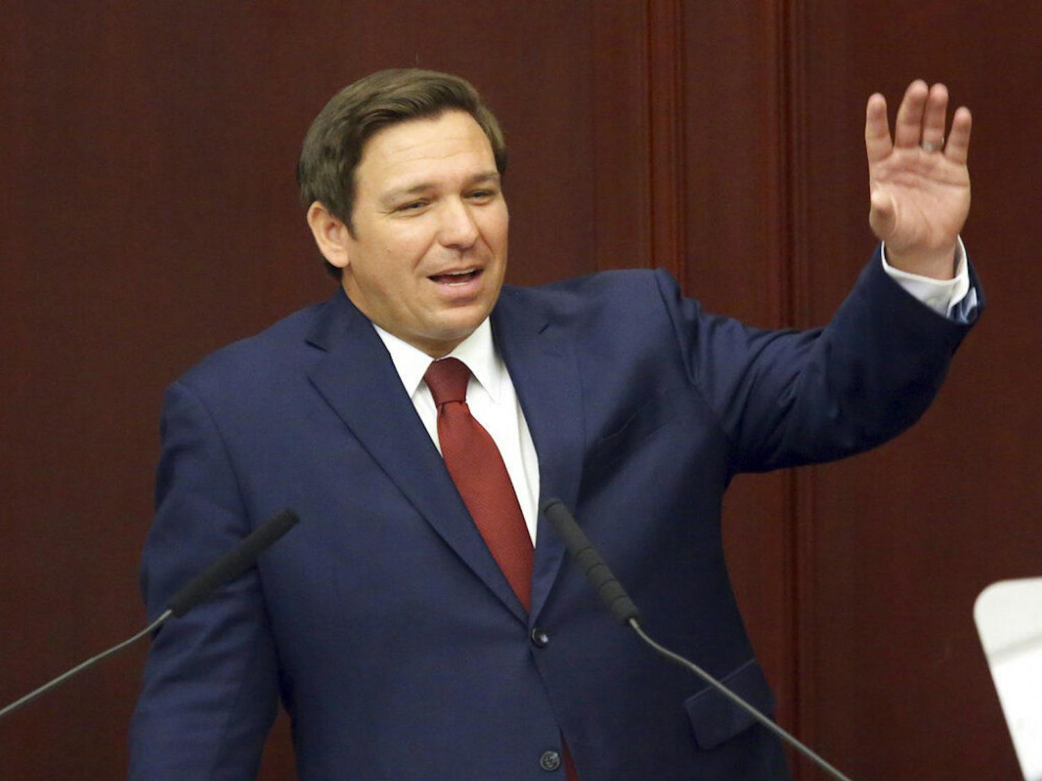 FILE- In this March 5, 2019 file photo, Florida Gov. Ron Desantis gives his state of the state address on the first day of the legislative session in Tallahassee, Fla. De Santis has pushed for a repeal to Florida's ban on smokable medical marijuana. The Senate passed a bill Thursday, March 7, 2019, that repeals the ban, and now the House takes up that legislation Wednesday. It's the first major action by lawmakers this year, largely because DeSantis gave them a mid-March deadline to get it done. (AP Photo/Steve Cannon, File)