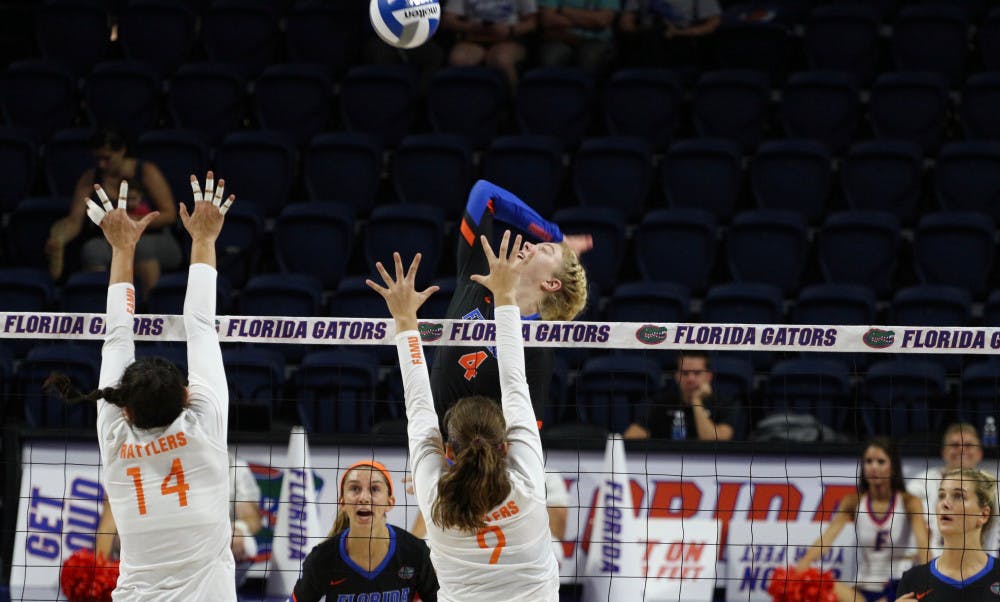 <p>Carli Snyder attempts a kill during Florida's 3-0 win against Florida A&amp;M on Sept. 15 at the O'Connell Center. </p>