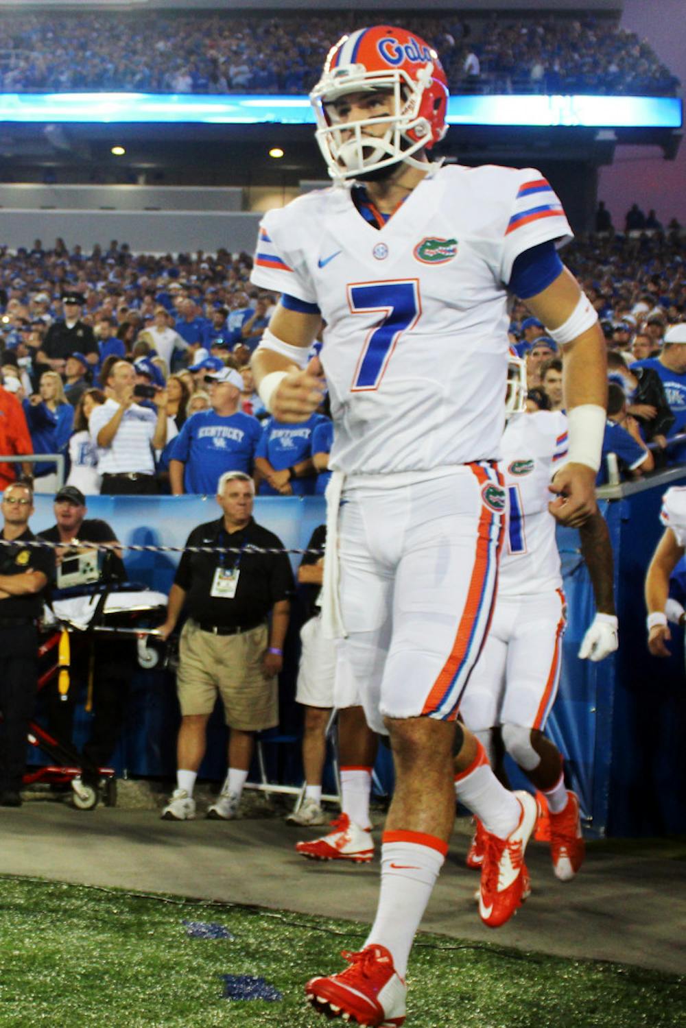 <p>UF quarterback Will Grier runs onto the field prior to Florida's 14-9 win against Kentucky on Sept. 19, 2015, at Commonwealth Stadium in Lexington, Kentucky.</p>