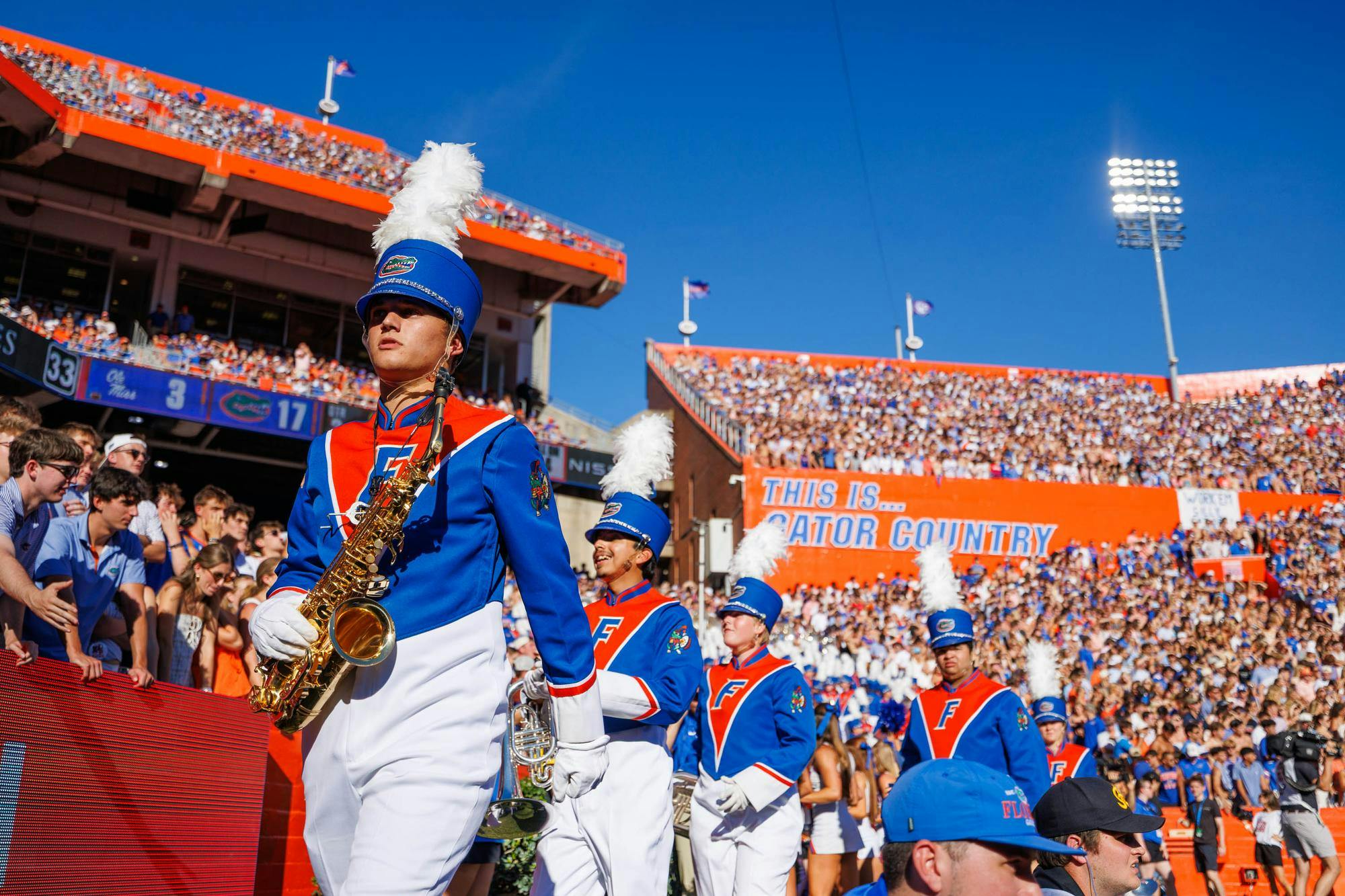 The UF Fightin’ Gator Band walks out onto the field during the first half of an NCAA college football game against Ole Miss, Saturday, Sept. 26, 2026, in Gainesville, Fla.