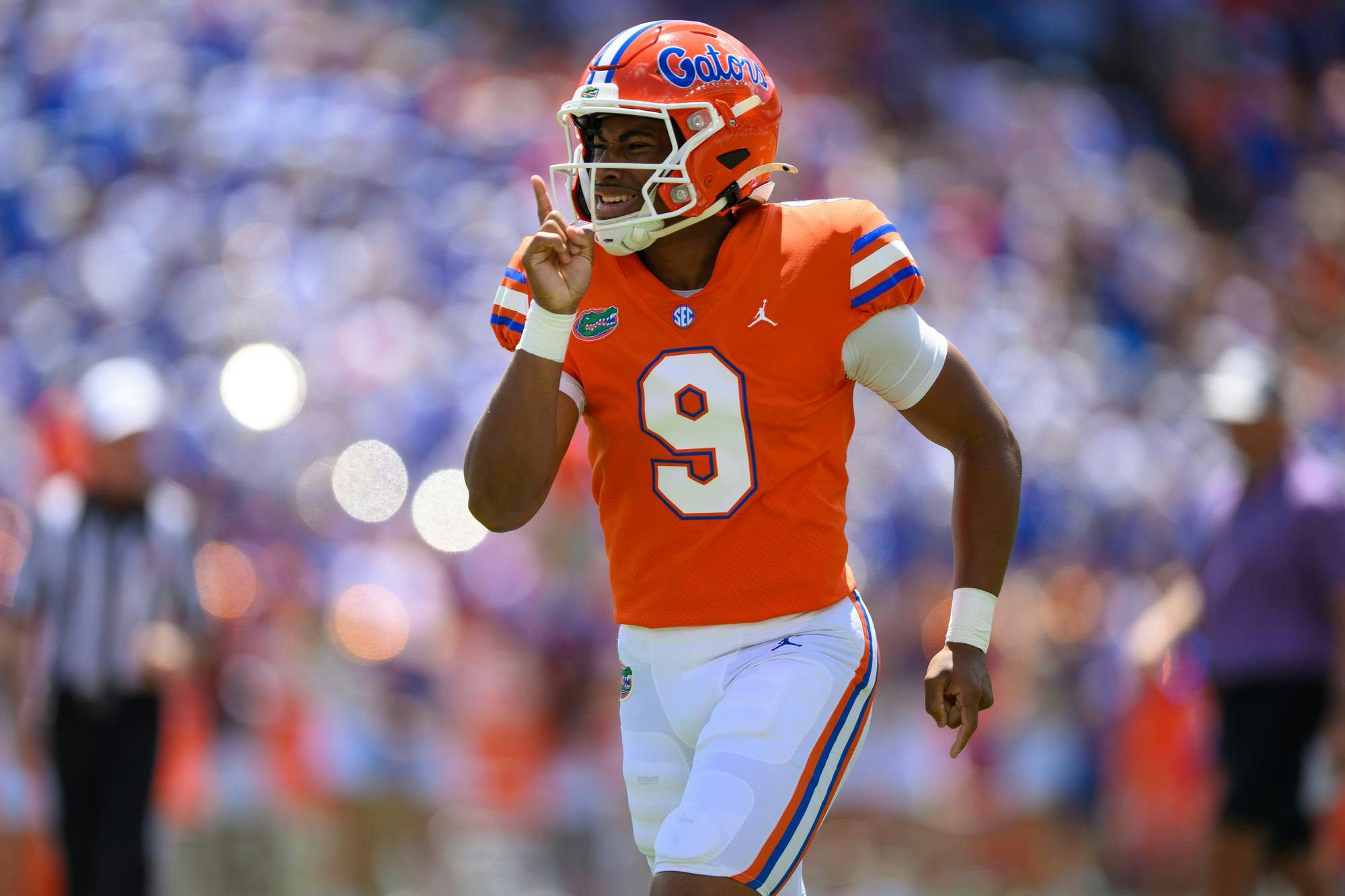Florida quarterback Tramell Jones Jr. (9) celebrates a touchdown during the Orange & Blue spring football game, Saturday, April 11, 2026, in Gainesville, Fla.