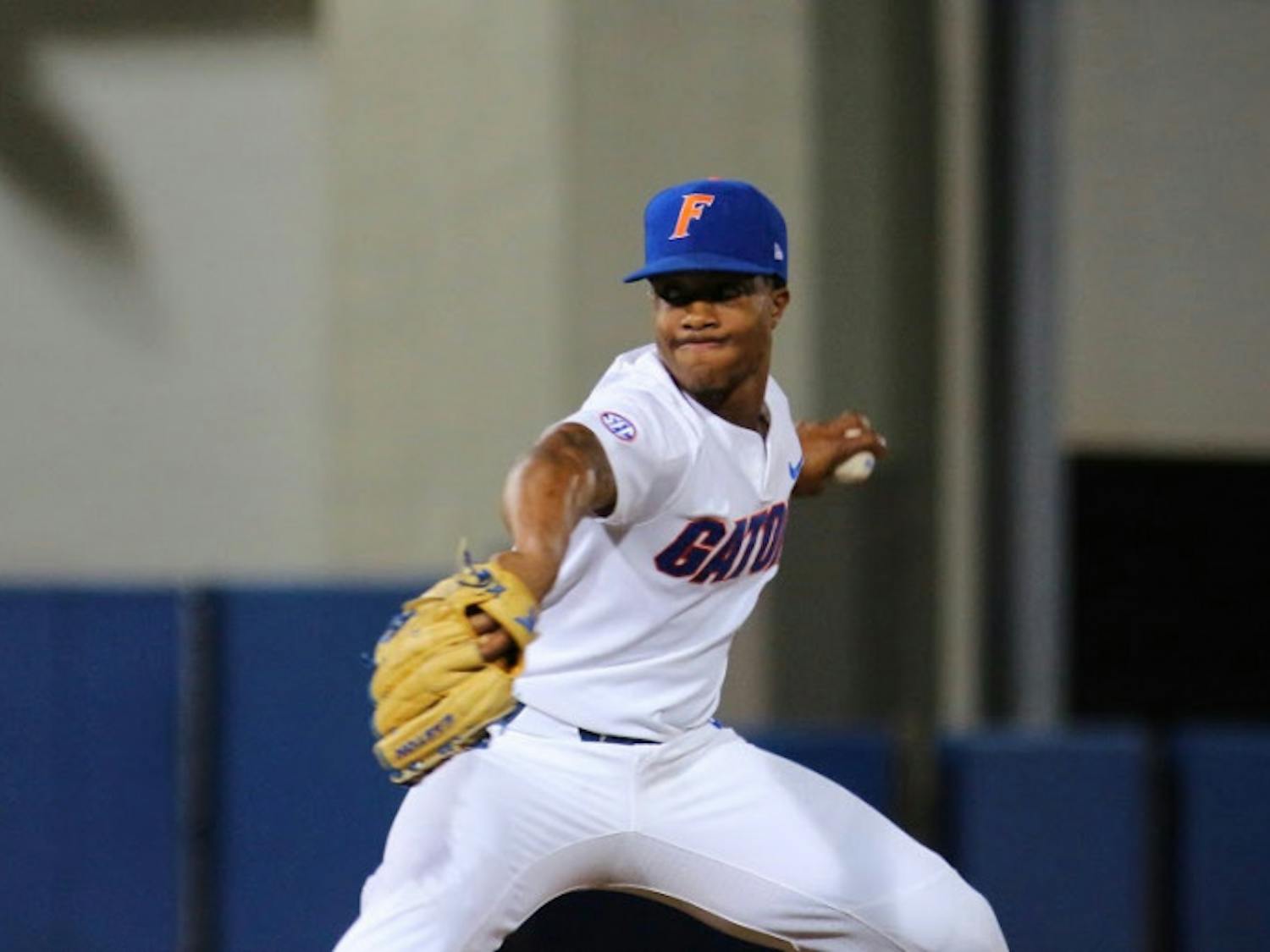 UF reliever Andrew Baker throws a pitch during Florida's 1-0 win against LSU on Friday at McKethan Stadium.