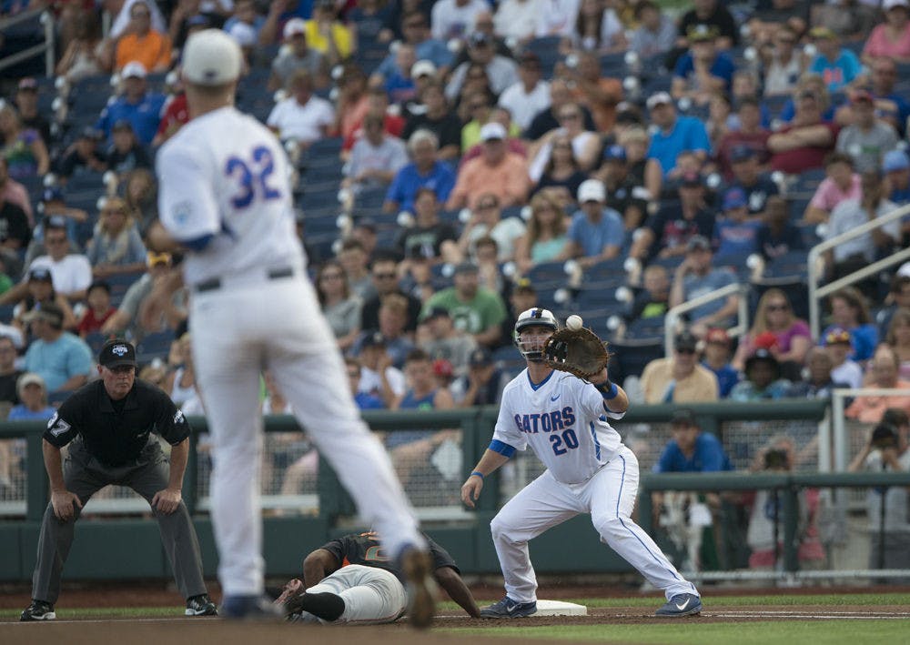Florida () during the Gators' victory against Miami in the NCAA Men's College World Series on Saturday, June 13, 2015 the TD Ameritrade Park in Omaha.