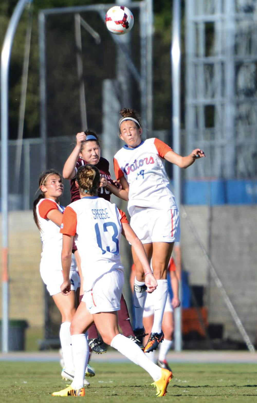 Havana Solaun heads the ball during UF’s 2-0 win against Texas A&amp;M on Oct. 27 at James G. Pressly Stadium.