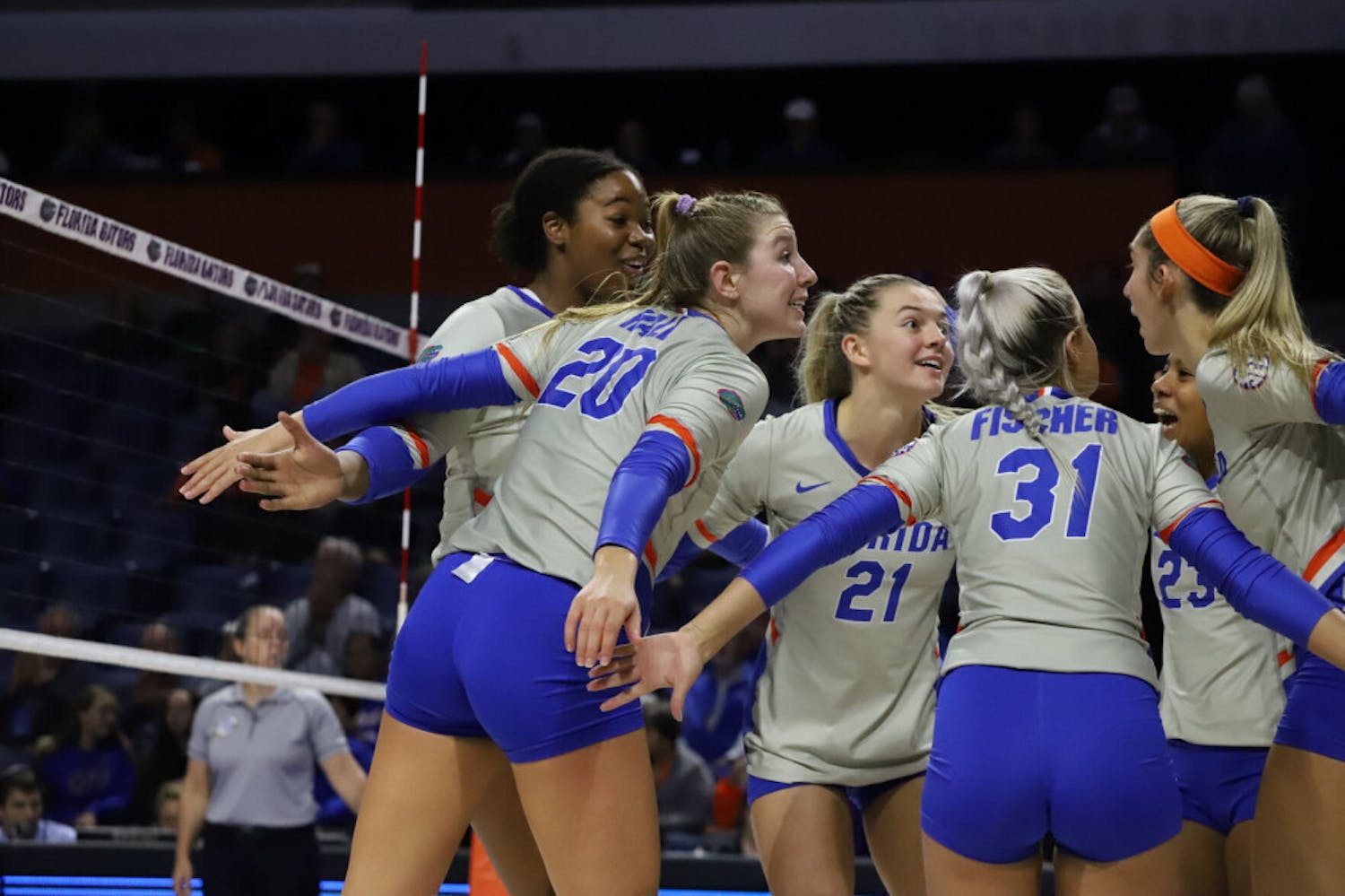 UF volleyball huddles in a game against LSU in 2019. The Gators unveiled their 2021 schedule Thursday.