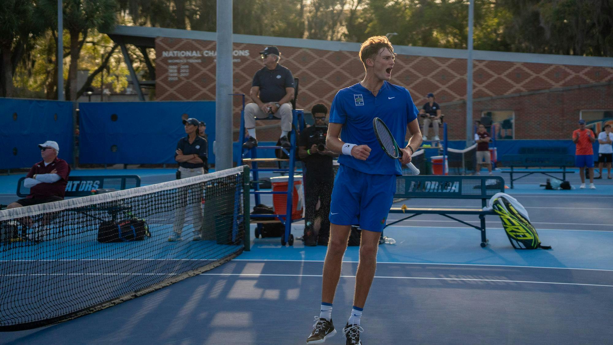 Florida’s Henry Jefferson celebrates after a point in a NCAA men's doubles tennis match against Texas A&M University, Friday, March 6, 2026, in Gainesville, Fla.